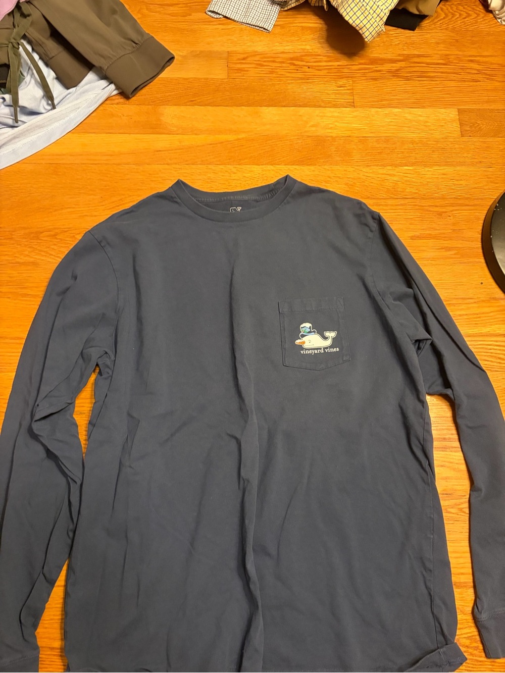 Vineyard Vines Slate Blue Long-Sleeve Pocket Tee with Whale Patch